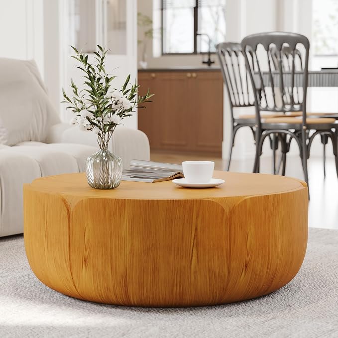 35.63" Round Outdoor Indoor Coffee Table - Modern Wood Grain Drum Center Table, Sturdy MGO Waterproof, No-Assembly Table for Patio, Garden, Backyard, Living Room