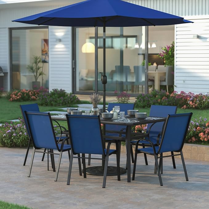 EMMA + OLIVER Bartlett 7-Piece Outdoor Dining Set, Patio Table with Tempered Glass Top and Umbrella Hole, 6 Flex Comfort Textilene Stack Chairs, 60", Navy/Black
