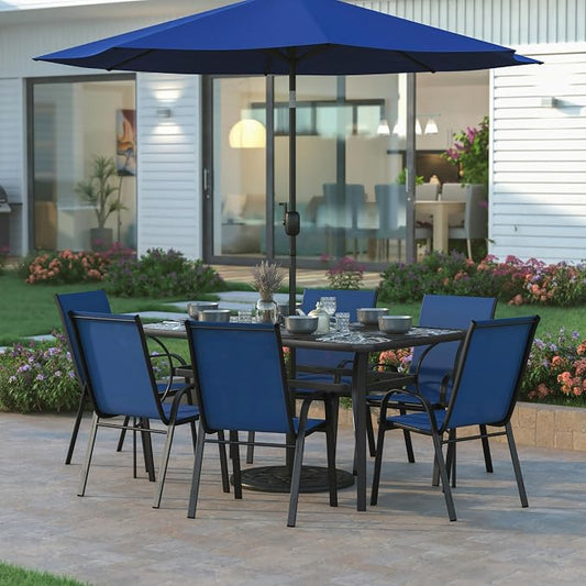 EMMA + OLIVER Bartlett 7-Piece Outdoor Dining Set, Patio Table with Tempered Glass Top and Umbrella Hole, 6 Flex Comfort Textilene Stack Chairs, 60", Navy/Black