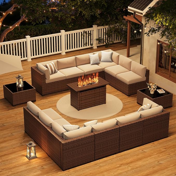 LazySunsets 15-Piece Patio Furniture Set with 44" Fire Pit Table, Wicker Outdoor Furniture, Patio Conversation Sets with Coffee Table, Outdoor Sectional Couch, Beige