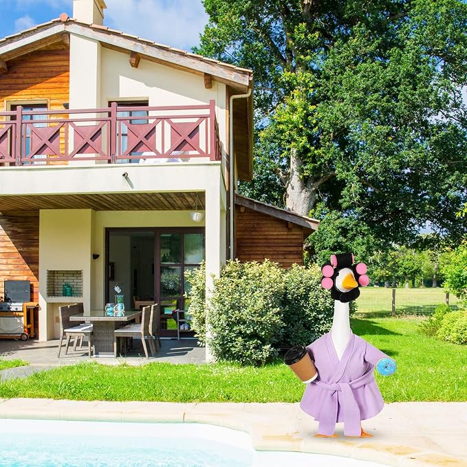 Shyyween 23 Inch Porch Goose Summer Outfit Light Purple Goose Bathrobe Statue Clothes Coffee Cup Curlers for Cement Plastic Lawn Geese Outdoor Garden Yard Patio Decoration
