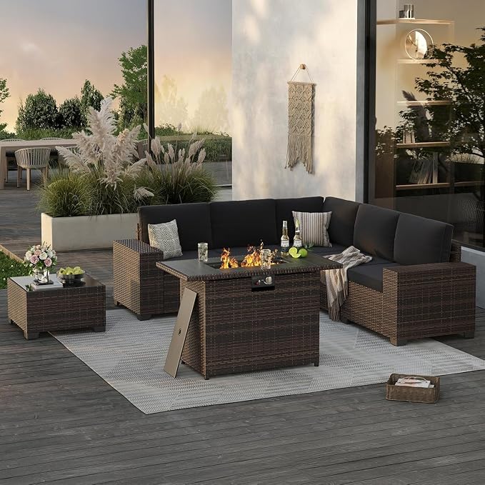 7-Piece Outdoor Sectional Black Wicker Rattan Conversation Set Patio Furniture Set with 44" Fire Pit Table for Garden Porch Backyard
