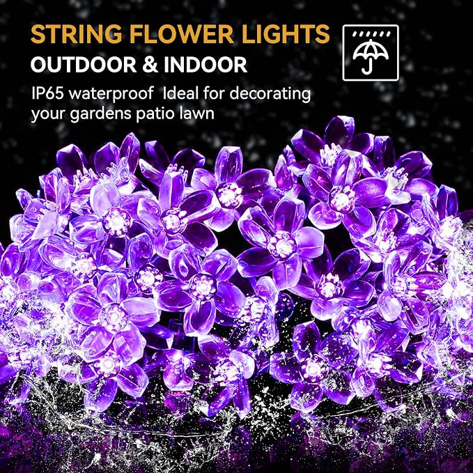 ITICdecor Outdoor Solar Flower String Lights Waterproof 50 LED Fairy Light Decorations for Christmas Tree Garden Patio Fence Yard Spring (Purple)