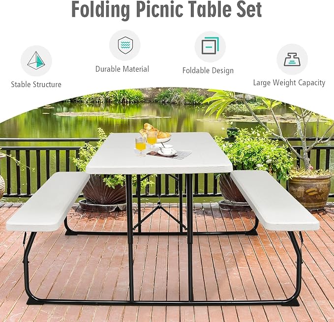 Goplus Foldable Picnic Table with Benches, Rectangular Camping Table Set with Metal Frame, Folding Indoor Outdoor Dining Table Set for Garden, Patio, Backyard (White)