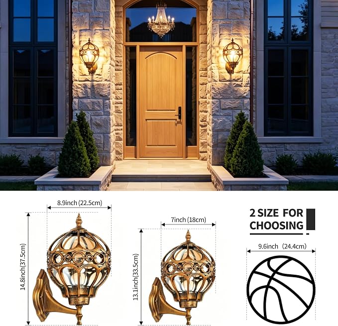 Globe Die Cast Aluminum Outdoor Wall Light, Brushed Gold Finish | Anti-Rust Waterproof Hardwired Exterior Wall Sconce with Amber Glass, Outside Wall Lantern for Patio, Porch, Backyard