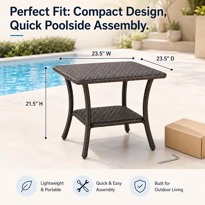 HUMMUH Brown Wicker Patio Side Table with 2-Tier Storage Shelf | Aluminum frame, weather-resistant PE rattan, 23.5x23.5x21.5 inches, includes assembly accessories