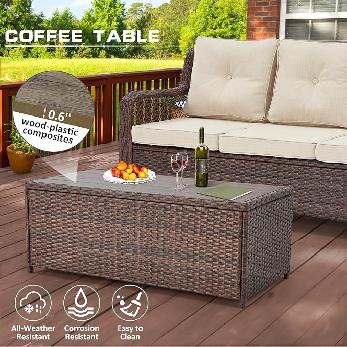 6 Pieces Wicker Patio Furniture Set Conversations Sets, 2 Outdoor 360° Swivel Chairs, Patio Swivel Chair with Table and Ottoman for Garden, Poolside, Backyard (Beige)