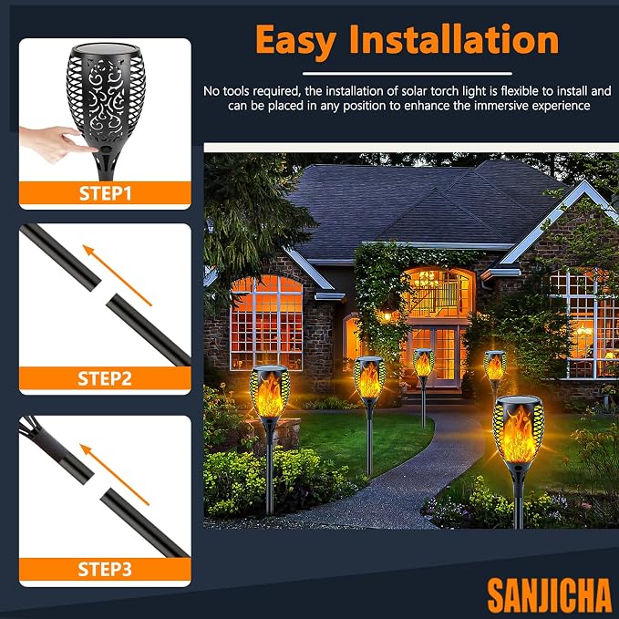 Solar Torch Lights with Flickering Flame Larger Size Solar Flame Lights | 4 Pack Upgraded Solar Lights Outdoor for Halloween Decor, Waterproof Solar Tiki Torches Outdoor for Garden Yard Pathway Patio
