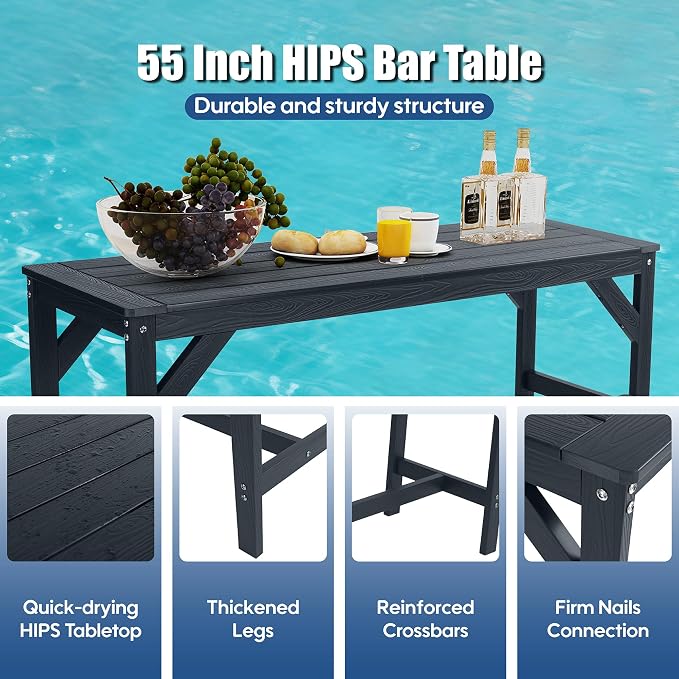 HIPS Outdoor Patio Bar Set, All Weather HIPS Bar Table and Chairs Set for Outside, 55" Rectangular High Top Bar Table with 2 Bar Stools for Poolside, Patio, Balcony, Deck (Black, 3 Pcs Set)