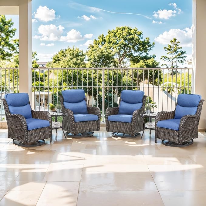 Outdoor Swivel Rocker Patio Chairs with 5" Thick Cushion - 3 Piece Wicker Bistro Set with Side Table, High Back Comfty Outdoor Glider Chairs for Balcony, Porch, Deck, Poolside - Brown-Blue