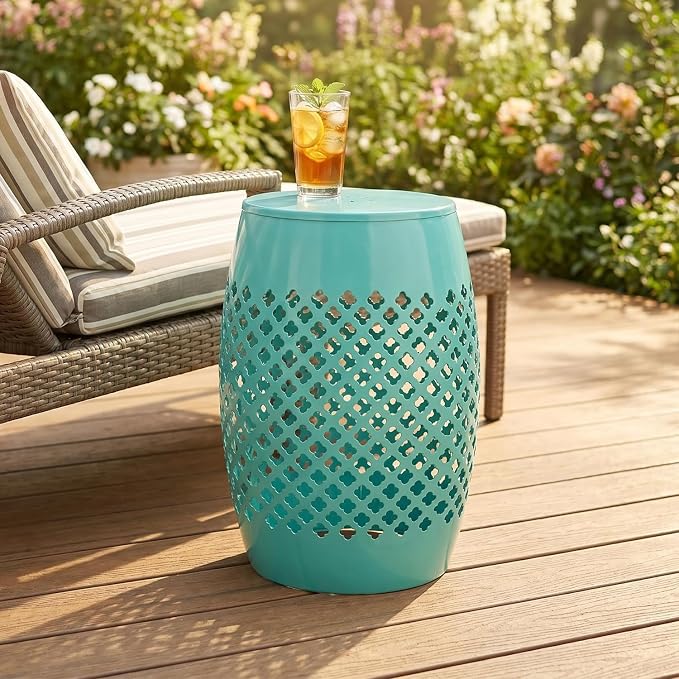 12" Outdoor Side Table, Metal Cutout Drum Side Table, Patio Garden Stool | Coffee End Tables for Small Spaces, Living Room, Backyard, Poolside