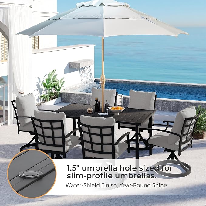 HAPPATIO 7-Piece Patio Dining Set, Outdoor Dining Set with Powder-Coated Metal,Dining Table with Umbrella Hole, 6 Swivel Chairs with Removable Cushions for Porch Poolside Garden,Grey