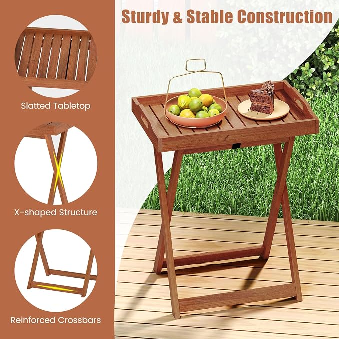 HAPPYGRILL Outdoor Wood Tray Table Folding Patio Side Table with Removable Top, Portable Bistro Table for Garden Backyard Balcony Poolside (2)