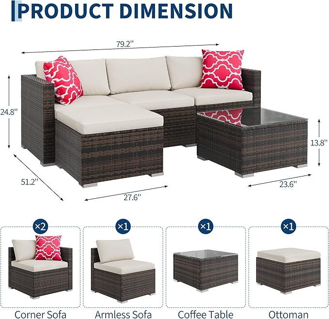 PeakPursuit Outdoor Patio Furniture Set, 5 Pieces Rattan Patio Conversation Sets with Glass Coffee Table and Cushion,All Weather Outdoor Patio Sofa for Garden, Poolside, Backyard,White