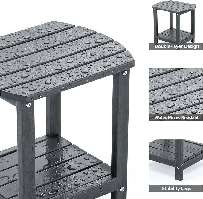 Adirondack Small Outdoor Side Table - Weatherproof HDPE Patio End Table with 2-Tier Storage for Firepit, Balcony, Garden, Poolside or Bathroom (Grey, Set of 2)