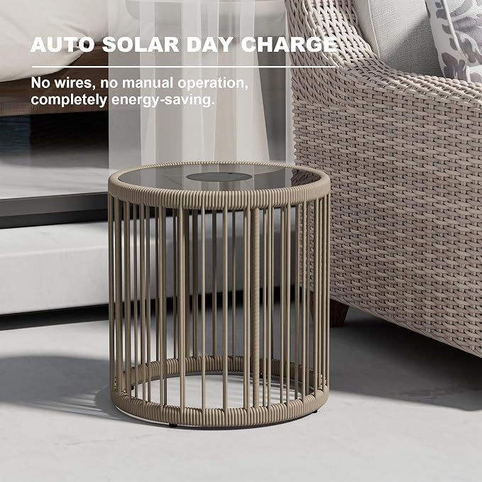 Outdoor Side Tables with Solar Lights, Metal Patio Table Set of 2, Outdoor Led Tables Weather Resistant for Garden, Poolside, Backyard, Gray