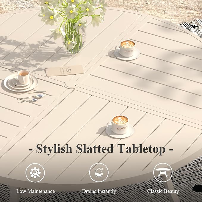 63" Outdoor Dining Table with Adjustable Umbrella Hole, Metal Slatted Round Patio Dining Table for Backyard Garden Deck, Sandshell