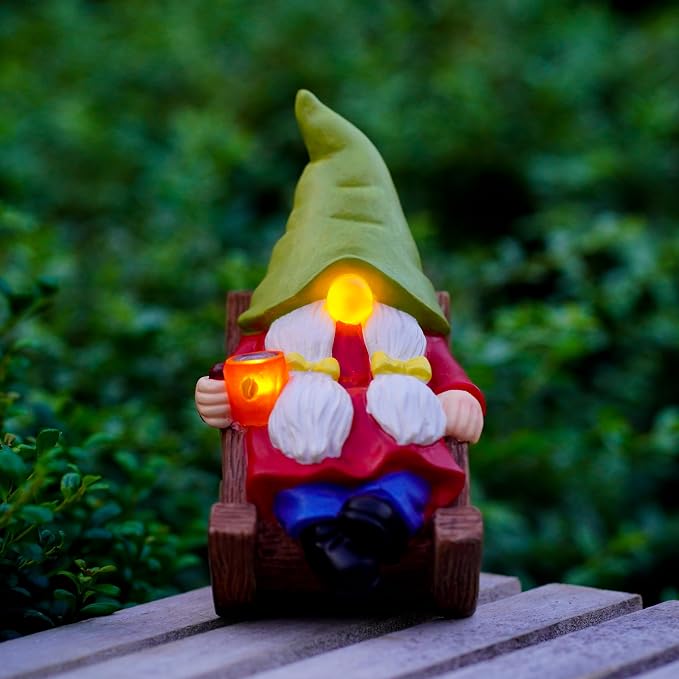 Solar Powered Relax Garden Gnome Statue, Rocking Chair Gnome 6.5“ with Glowing LED Nose & Coffee Cup, Hand Painted Resin Outdoor Indoor Decor Ornament for Patio Lawn Yard Home, Calming Novelty Gift