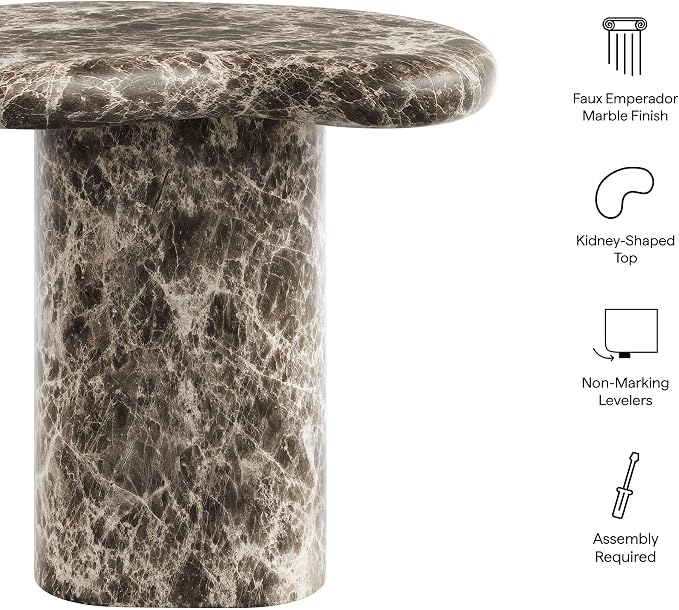 Modway Elowen Faux Marble Side Table in Dark Emperador Marble - Faux Emperador Marble Sculptural Pedestal Accent Table for Indoor and Outdoor Spaces