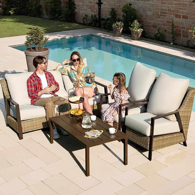 Outdoor Patio Furniture - 2 Pcs Armchairs, All-Weather Wicker Outdoor Conversation Set with 4.72" Thick Olefin Cushions for Deck, Porch, Balcony, Backyard, Beige