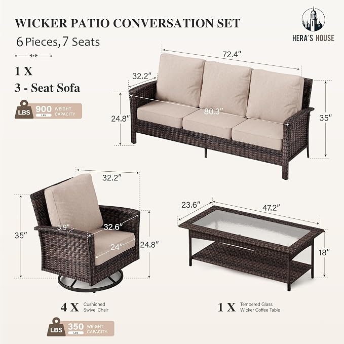 HERA'S HOUSE 7 Seats Patio Furniture Set, Outdoor Wicker Conversation Set with 5.5" Thick Cushion, 4 x High Back Swivel Patio Chairs with Tempered Glass Table & Couch for Deck Lawn Deck Yard, Beige