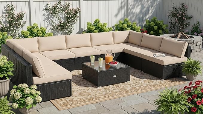 Tangkula 10 Pieces Patio Sofa Set, Outdoor Wicker Conversation Set with Soft Cushions, Tempered Glass Tabletop, Sofa Fastener Clips Included, Rattan Furniture Set for Backyard, Poolside (Beige)