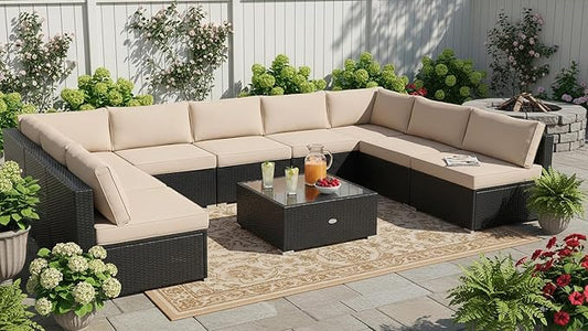 Tangkula 10 Pieces Patio Sofa Set, Outdoor Wicker Conversation Set with Soft Cushions, Tempered Glass Tabletop, Sofa Fastener Clips Included, Rattan Furniture Set for Backyard, Poolside (Beige)