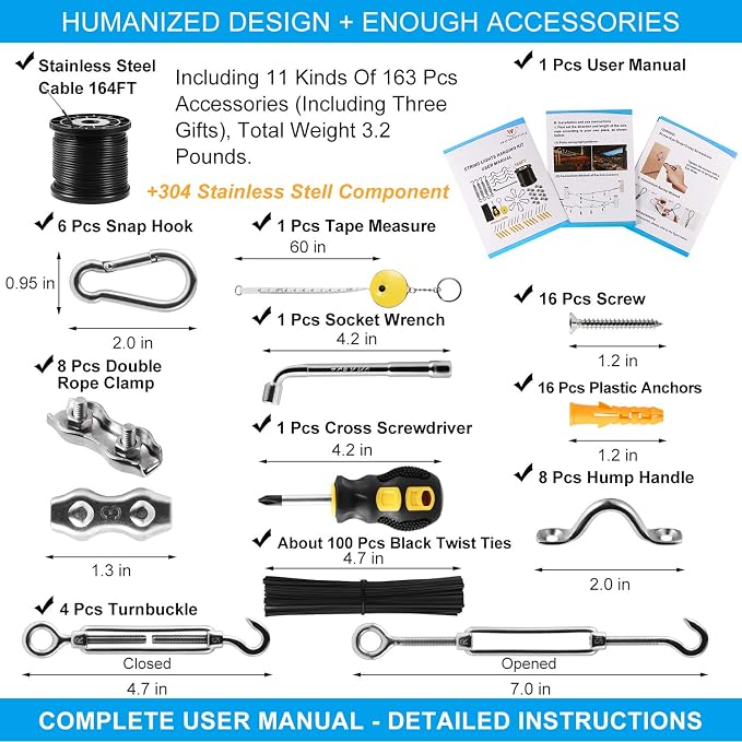 String Light Hanging Kit,Guide Wire for Outdoor String Lights, Shade sail Hardware kit,with 164 Ft Nylon Coated Stainless Steel 304 Wire Rope