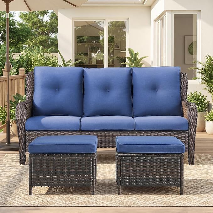 Belord 3-Piece PE Wicker Outdoor Sofa with 2 Ottomans, Luxury Patio Couch Convertible to Chaise Lounge, All-Weather High Back Deep Seat Woven Furniture for Deck, Porch - Brown/Blue