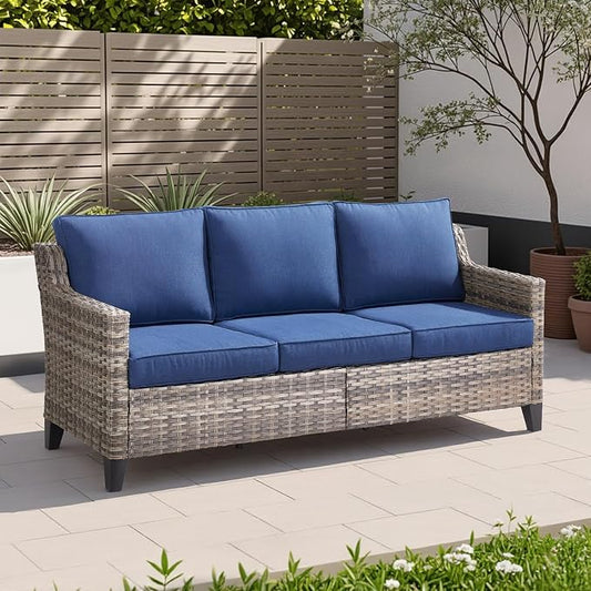 Patio Furniture Outdoor Couch 3 Seater Sofa, All-Weather Outdoor Gray Wicker Sofa Deep Seat High Backrest Patio Couch with Non-Slip Cushions and Wide Arm for Balcony Porch Garden Deck, Blue