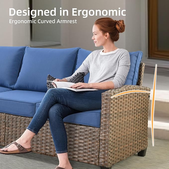 CAODOC Patio Furniture Set, Outdoor Wicker Furniture with Ottomans, 6 Pieces Patio Sectional Sofa Couch Conversation Set for Garden Poolside Backyard, Brown Rattan Blue Cushions