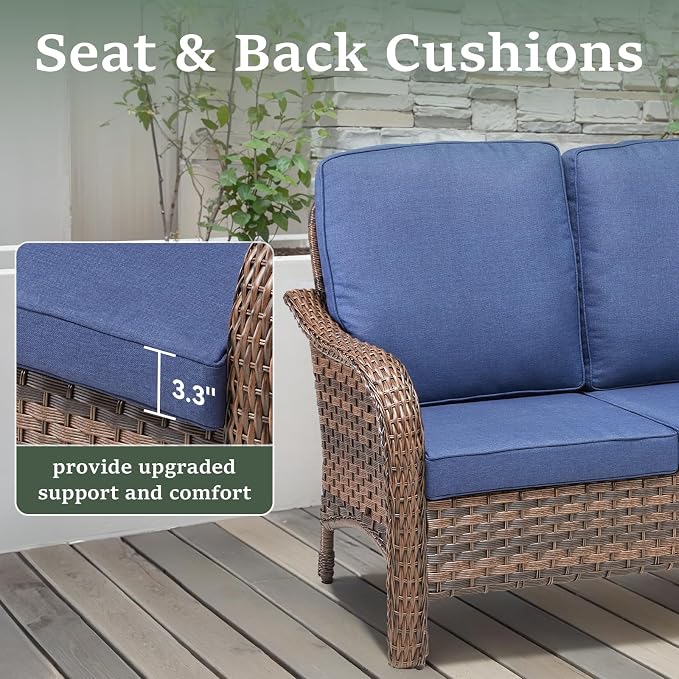 Outdoor Wicker Sofa & Coffee Table Set, 2 PCS Patio Sofa with 4" High-Resilience Cushions, Ergonomic Curved Armrests & 300lb Heavy Duty Frame for Small Spaces, Porch, Balcony, Blue