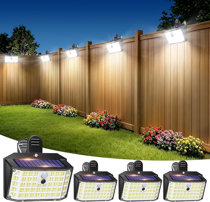 LUHLEE 176LED Clip on Solar Lights Outdoor, 600LM Solar Motion Lights Outdoor with 180° Wide Angle, IP65 Waterproof Portable Solar Fence Lights Outdoor for Fence, Gutter, Garden, Camping, Patio 4Pack