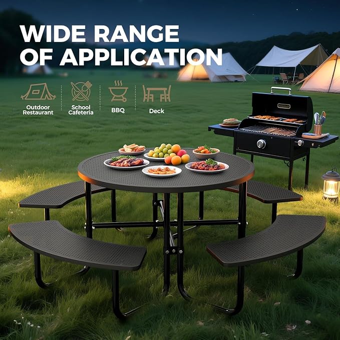 46" Coated Round Metal Picnic Table for 4-8 Person, Durable Heavy Duty Commercial Picnic Table with Umbrella Hole for Outdoor Coffee Shop, School, Easy to Install, Black