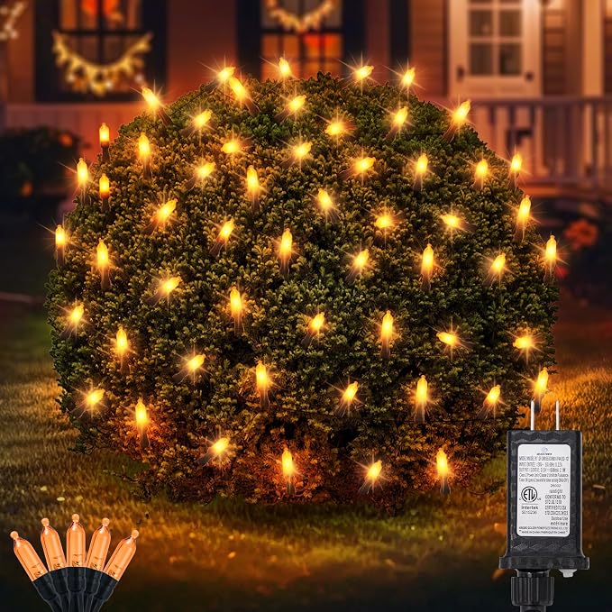 120LED Halloween Net Lights Outdoor, 5ft x 6ft Connectable Mesh Lights, 8 Modes 3.5V Low Voltage Waterproof Bush Lights for Trees, Bushes, Wedding, Party Decor (Orange, 1Pack)
