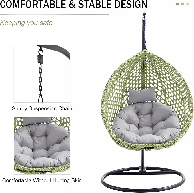 Hanging Egg Swing Chair with Stand, Rattan Wicker Hanging Egg Chair Hammock Indoor with Cushions, Swinging Chair for Bedroom Outdoor Patio Balcony Backyard Sunroom Heavy Duty 350LBS, Green