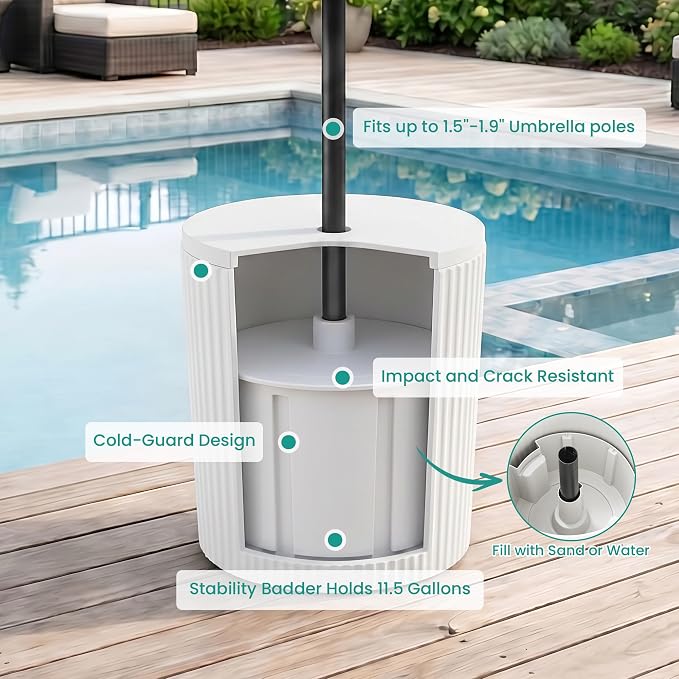 SUNBURY Umbrella Side Table, Outdoor Patio Table Round with Umbrella Hole for Porch, Base Outdoor Garden Stand for Patio Coffee, Picnic or Poolside Table, Easy Assembly, White