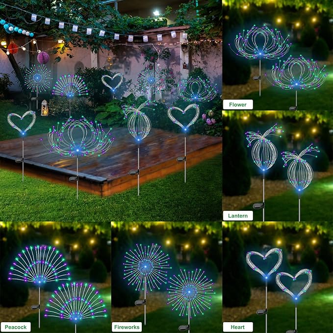 Slyuexu Solar Garden Lights Outdoor Waterproof, 2 Pack 120 LED Solar Firework Lights Decorative Garden Décor Outside for Flowerbed Pathway Party Halloween Christmas Decorations, Green + Purple