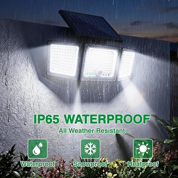 Solar Outdoor Lights Motion Sensor, 2500LM 286 LED Security Flood Lights with Visual Battery & Mode Display, 3 Lighting Modes, IP65 Waterproof 3-Head Wide Angle for Garage, Yard, Patio (4 Pack)