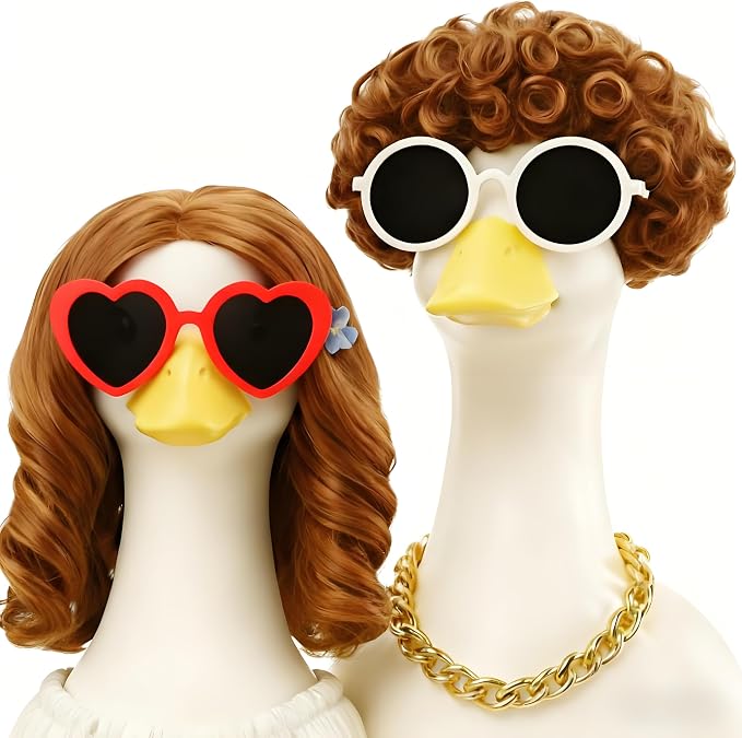 8090 Vintage Porch Goose Wigs Accessories 2 Pack with Sunglasses Retro Street Style Porch Goose Braid Wigs Outdoor Decor for Lawn Goose Statues