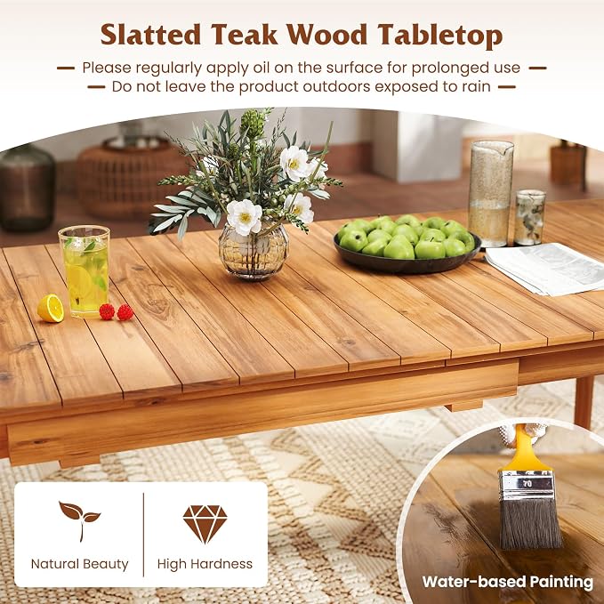 Tangkula 71"-94" Teak Wood Extendable Patio Dining Table for 6-8 People, Large Expandable Outdoor Slatted Table, Rectangular Outdoor Dinner Table for Garden, Lawn, Yard and Poolside