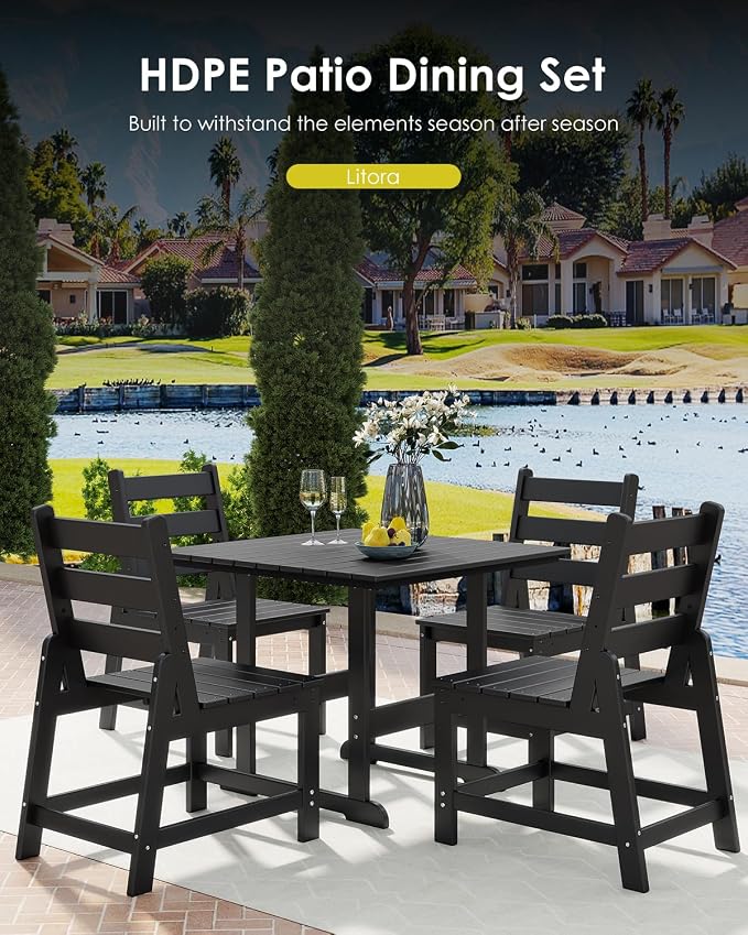 GREENVINES Outdoor-Dining-Table | 35” | HDPE | Patio Furniture | Connectable Square Tables for 4 | Slatted | All-Weather | for Poolside Backyard Garden | Black