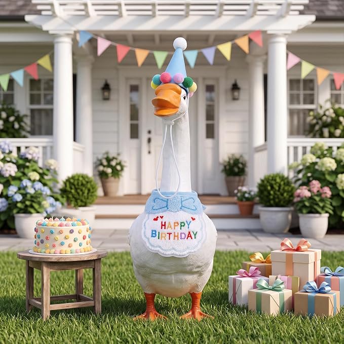 Jmkcoz Birthday Porch Goose Outfits Lawn Goose Statue Costume with Party Hat Bandana for 23" 17" Cement Plastic Statue Patio Yard Garden Outdoor Decor (Blue)