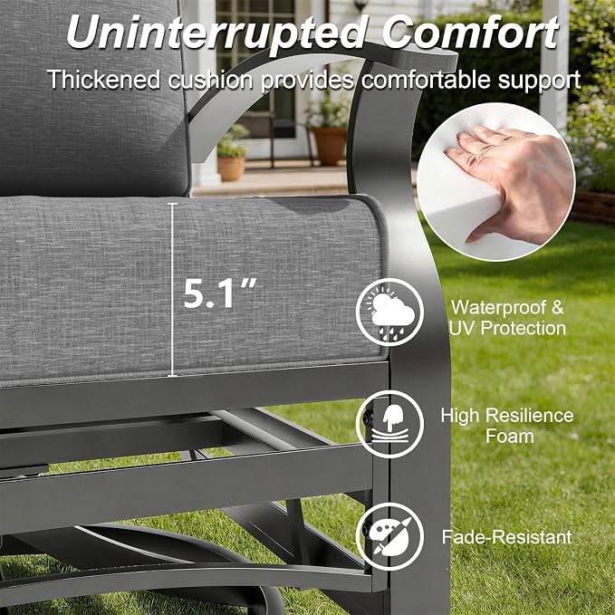 Gotland Outdoor Furniture, Metal Outdoor Swivel Chair with 5.1’’ High-Resilience Seat Cushions 6.2’’ Thick Back Pillow 29.5’’ Deep Seat Removable Cushions, Patio Furniture for Lawn, Porch