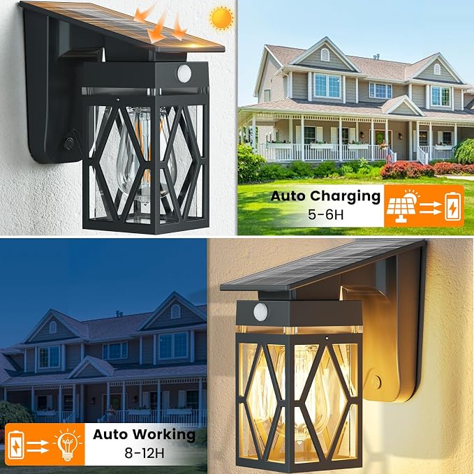 1 Pack Solar Porch Lights Outdoor with Dusk-to-Dawn Motion Sensor | 200LM 3000K Warm White, E26 ST58 Bulb, Classic Lantern Design, 3 Lighting Modes, IP65 Waterproof for Porch, Garage & Patio