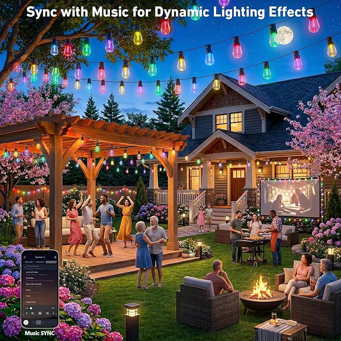 Outdoor String Lights,400FT Smart RGB+IC Patio Lights with Shatterproof LED Bulbs ,Outside Light Dimmable Patio for Decor DIY IP67 Waterproof ,Courtyard, garden,Holiday,LED lights more Scene Modes