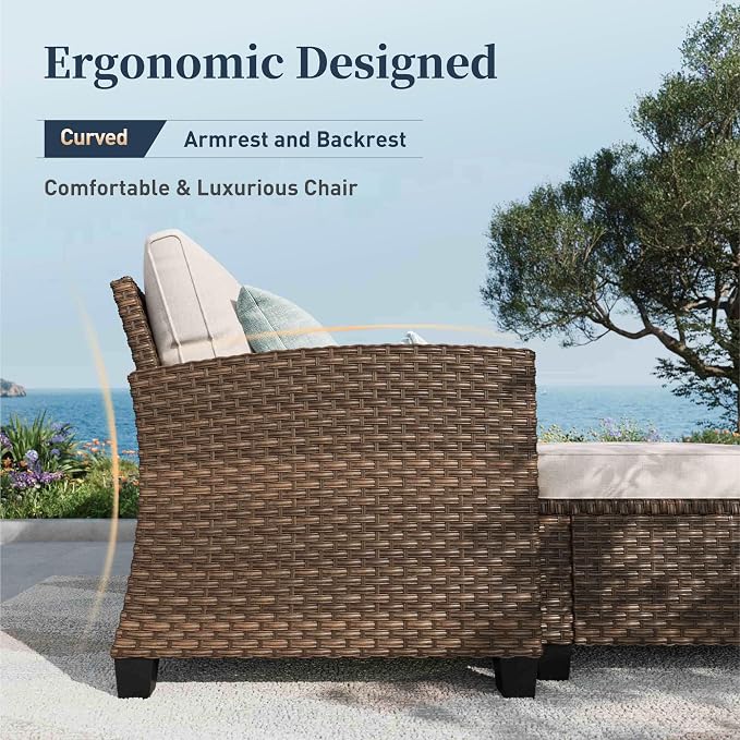 SUNSHINE VALLEY Swivel Glider Patio Furniture Set Outdoor Furniture Brown Wicker Rattan Patio Conversation Sets with Cushion Outside Sofa Set,7 Pieces,9 Seats,Beige