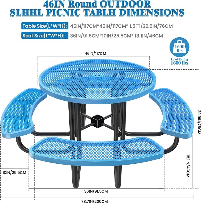 46IN Round Outdoor Picnic Table with Attached Seats, Heavy-Duty Metal Expanded Mesh Patio Table, 1600LBS Load Capacity Commercial-Grade Table for Park, Backyard, Deck, Blue