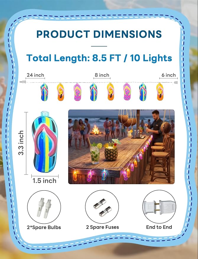 Abeja Summer Slipper String Lights, 8.5Ft Outdoor Hawaiian Tropical Decoration Lights with 10 Multicolor Slipper Lights, Ocean Themed Decorative Lights for Bedroom Camping Decks Party Lighting