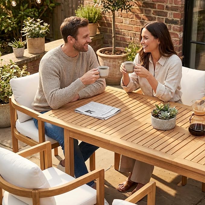 SUNSITT 59"-79" Acacia Wood Patio Dining Table, Large Expandable Outdoor Slatted Table for 6-8 People, Rectangular Outdoor Wooden Dining Table for Patio Lawn Backyard Garden